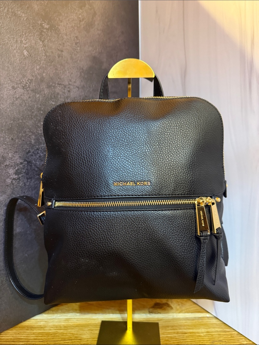 Michael Kors Rhea Zip Medium Slim Leather Backpack Black Pebbled Leather EUC